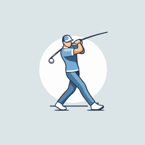 Golf player hitting ball with club. Flat style vector illustrati