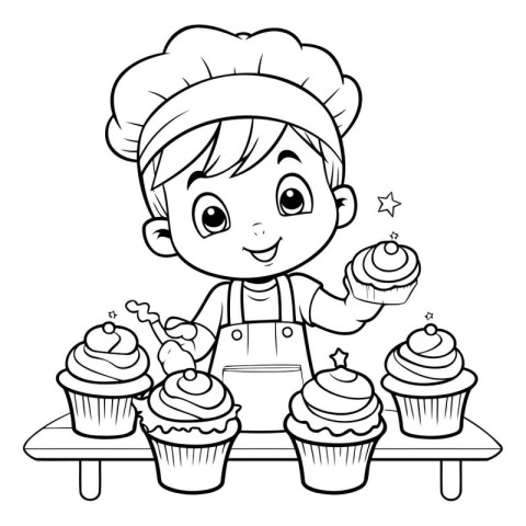 Black and White Cartoon Illustration of Cute Little Boy Chef wit