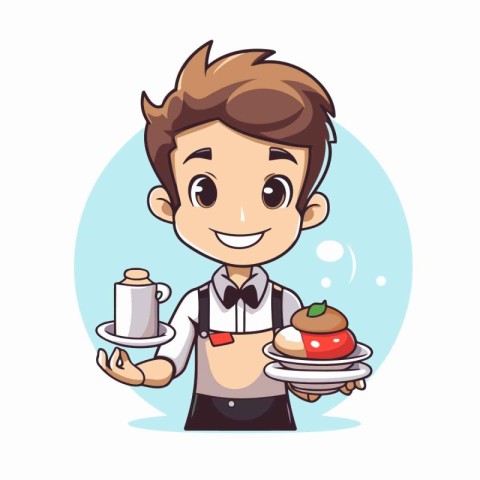 Waiter holding a tray with cake and cup of coffee. Vector illust