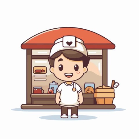 Cute little chef with bakery shop. Vector illustration in cartoo