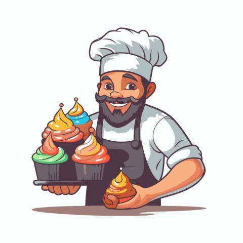 Chef holding a cupcake. Vector illustration in cartoon style.