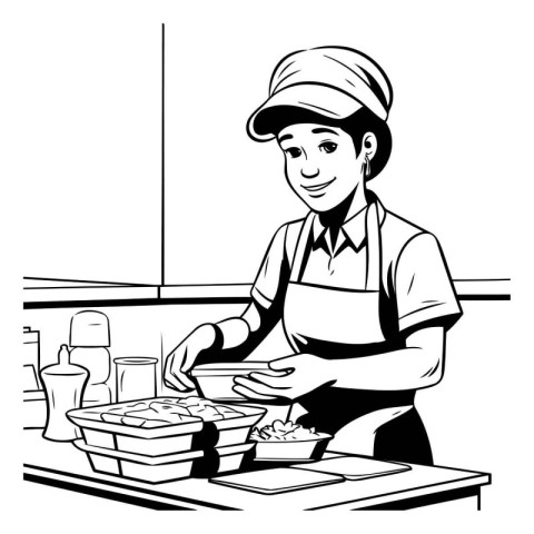 Chef in the kitchen. Vector illustration in black and white styl