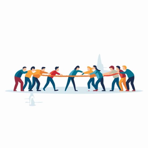 People pulling rope. Teamwork concept. Vector illustration in fl