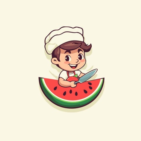 Chef boy with slice of watermelon. Cute cartoon vector illustrat