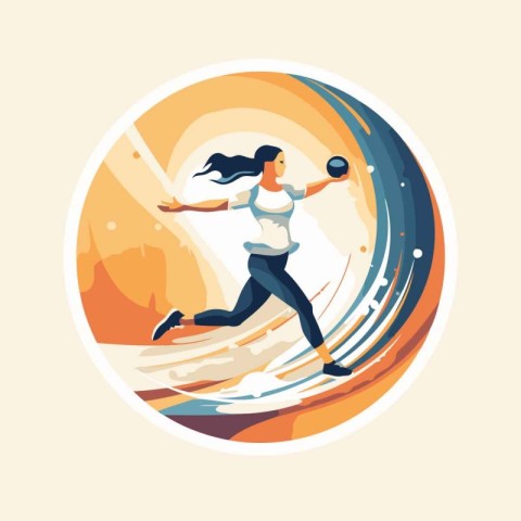 Sportswoman running with ball. Vector illustration in flat style