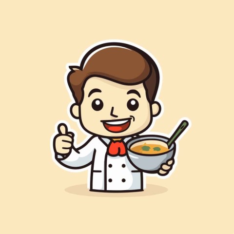 Chef Holding Soup Bowl - Cartoon Mascot Character Illustration