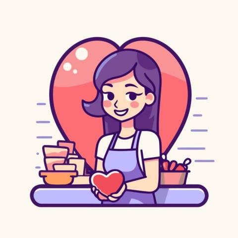 Cute girl cooking healthy food in the kitchen. Vector illustrati