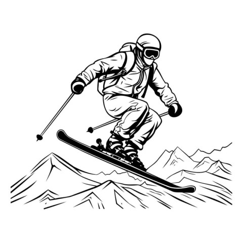 Skier skiing downhill in mountains. black and white vector illus