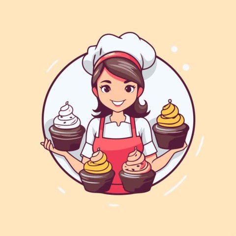 Chef woman holding cupcake. Vector illustration in cartoon style