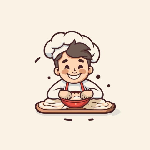 Cute chef boy making dumplings. Vector cartoon illustration.