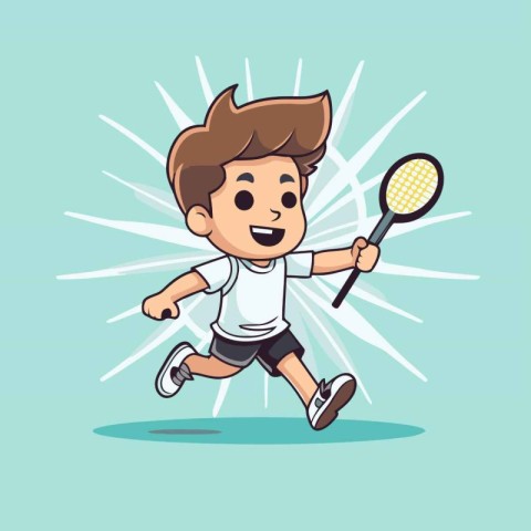 Cute boy playing badminton. Cartoon style vector illustration.