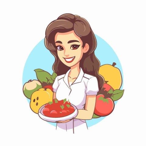 Woman chef holding a plate of fresh fruits and vegetables. Vecto