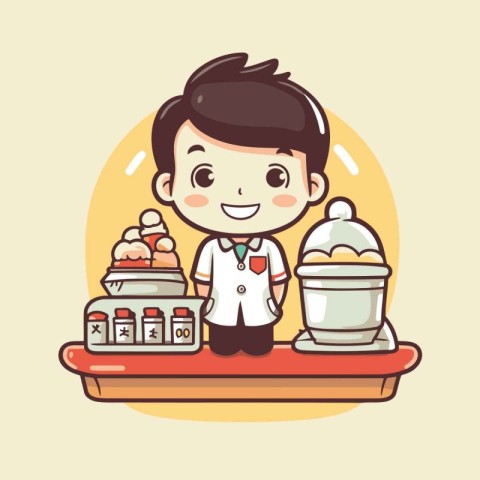 Cute cartoon boy at the bakery. Vector illustration for your des