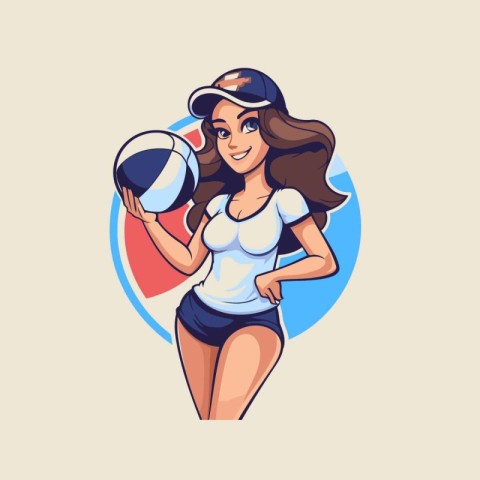 Volleyball player girl with ball. Vector illustration in cartoon