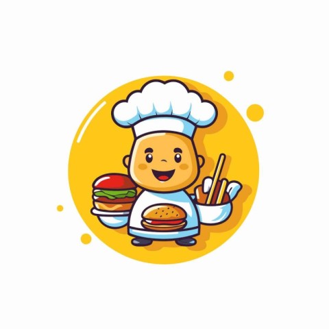 Chef boy cartoon character with burger and chopsticks vector ill