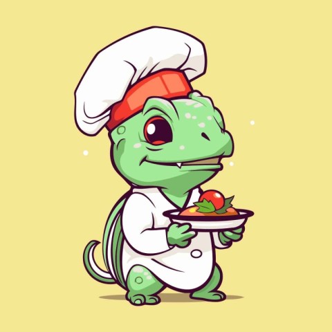 Lizard chef with plate of salad. Vector cartoon character illust