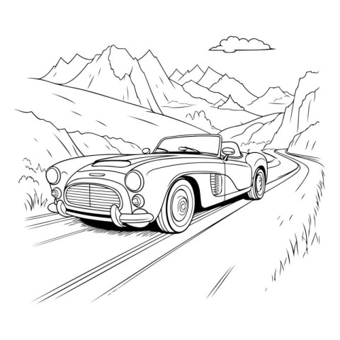 Vintage car on the road in the mountains. Vector illustration.