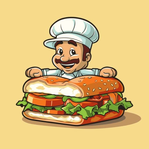 Cartoon chef with hamburger. Vector illustration of a cartoon ch