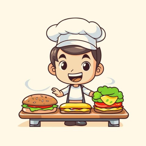 Chef and Hamburger - Cute Cartoon Style Vector Illustration