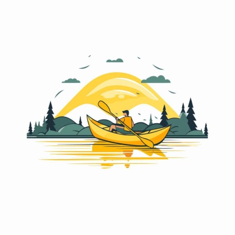 Man kayaking on the lake. Vector illustration in flat style.