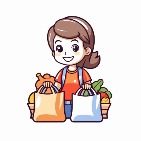 Cute little girl with shopping bag. Vector illustration in carto