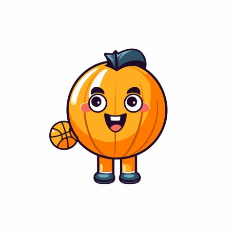 Cute cartoon pumpkin character playing basketball. Vector illust