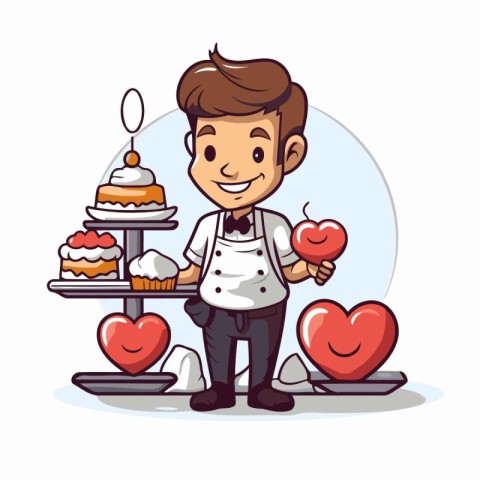 Cute cartoon waiter with a cake and heart. Vector illustration.