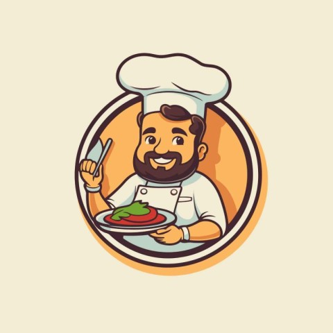 Chef holding a plate of food. Vector illustration in cartoon sty