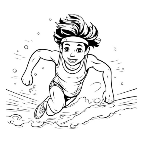 Cute cartoon boy running in the water. black and white vector il