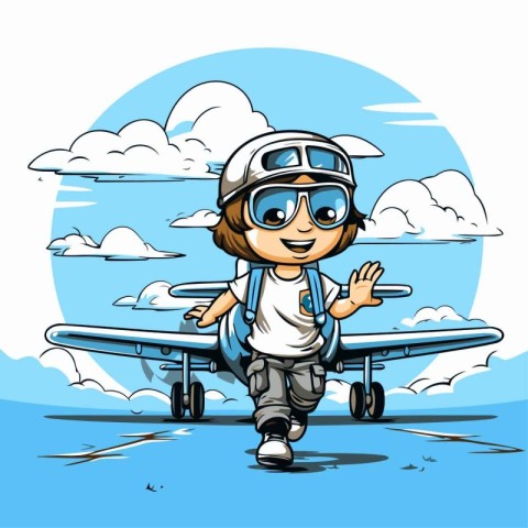 Vector illustration of a boy pilot in a helmet and glasses on th