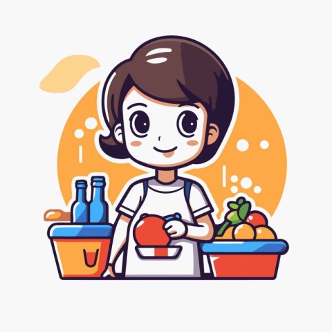 Cute little girl in the kitchen. Vector illustration in a flat s