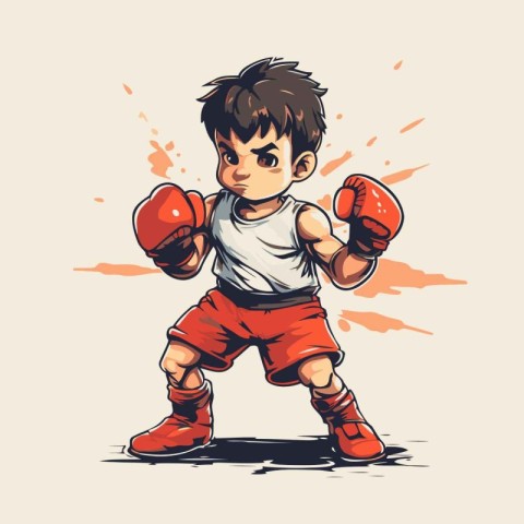 Little boy boxing. Vector illustration of a little boxer in red