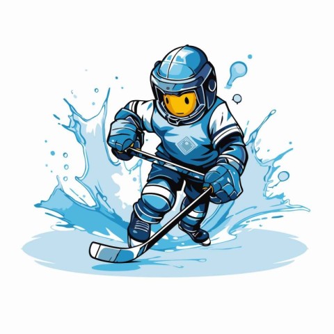 Ice hockey player with the stick and puck on ice. Vector illustr