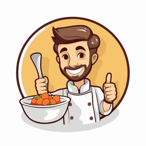 Chef holding a bowl of carrot and showing thumbs up. Vector illu