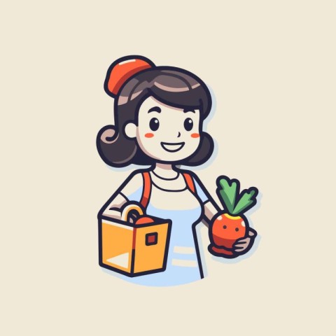 Cute little girl holding a bag of fresh vegetables. Vector illus