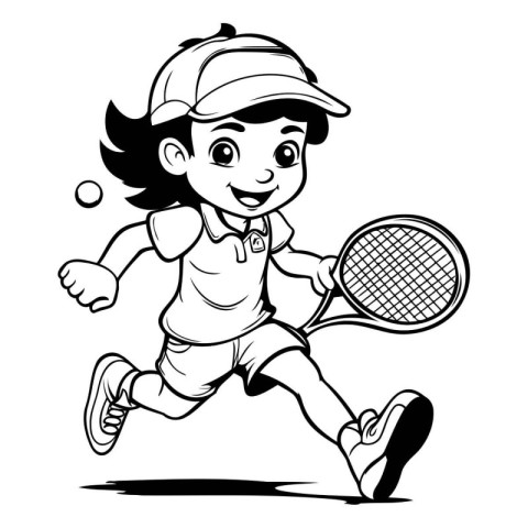 Cartoon Illustration of a Kid Playing Tennis - Coloring Book