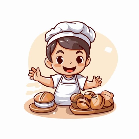 Cute boy chef holding bread and rolls. Vector cartoon illustrati