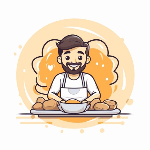 Vector illustration of a man cooking bread in the kitchen. Carto