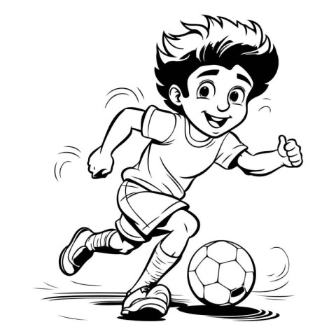 Soccer player kicking the ball. Black and white vector illustrat