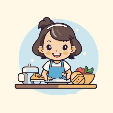 cute little girl cooking in the kitchen. vector illustration. ep