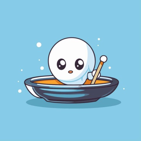 Cute cartoon snowman eating soup. Vector illustration on blue ba