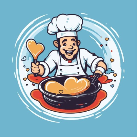 Chef cooking in a pan with hearts. Vector cartoon illustration.