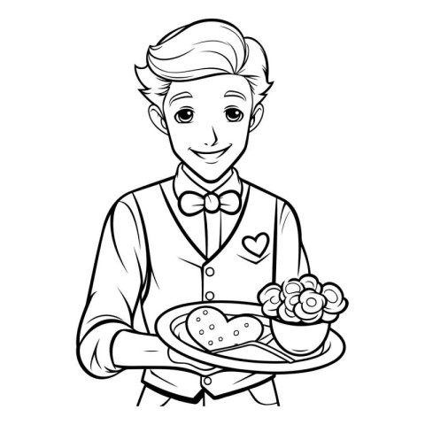 Vector illustration of a handsome waiter with a tray of food on