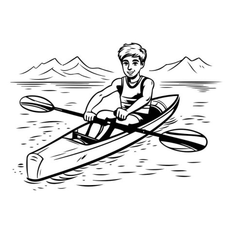 Man rowing on a kayak. Vector black and white illustration.