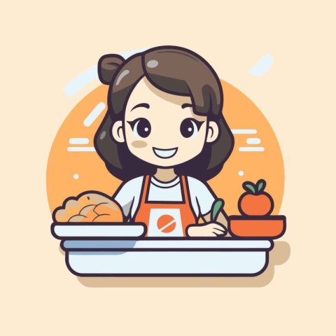 Cute little girl cooking at home. Vector illustration in cartoon