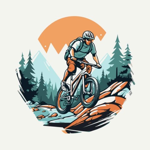 Mountain biker riding in the mountains. Vector illustration in r