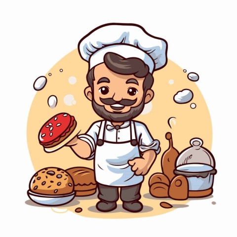 Chef with a piece of cake. Vector illustration in cartoon style.