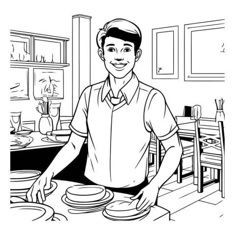 Vector illustration of a young man in apron making dinner at hom