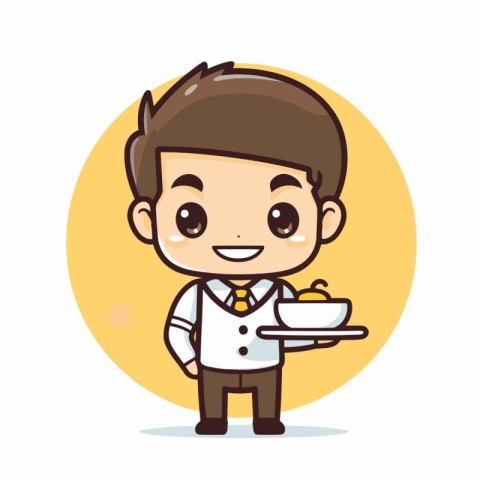 Cute waiter holding a tray with a piece of cake. Cartoon vector