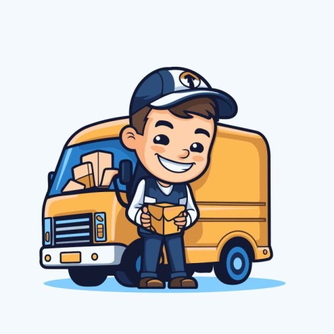 Cute cartoon delivery boy with yellow truck. Vector illustration